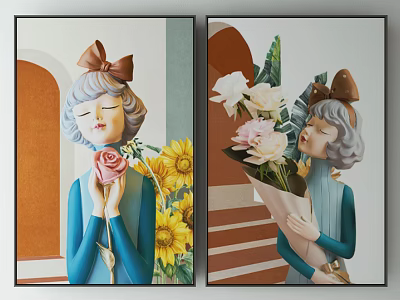 Decorative Wall Art Featuring Bow Woman Holding Flower Bouquets And Colorful Backgrounds 3d model