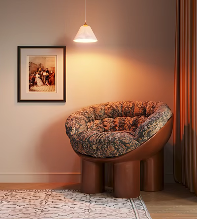 Rounded Accent Chair With Patterned Fabric Brown Base In Room Corner With Lamp And Framed Artwork 3d model