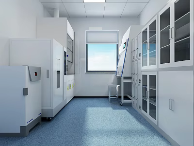 Modern Lab Interior Design With White Equipment Storage Cabinets And Blue Flooring 3d model