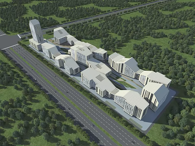 Birds Eye View Planning of Modern Building Complex With Surrounding Greenery And Roads 3d model