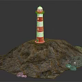 Red and white striped lighthouse tower on rocky coastal terrain with windows and white lantern