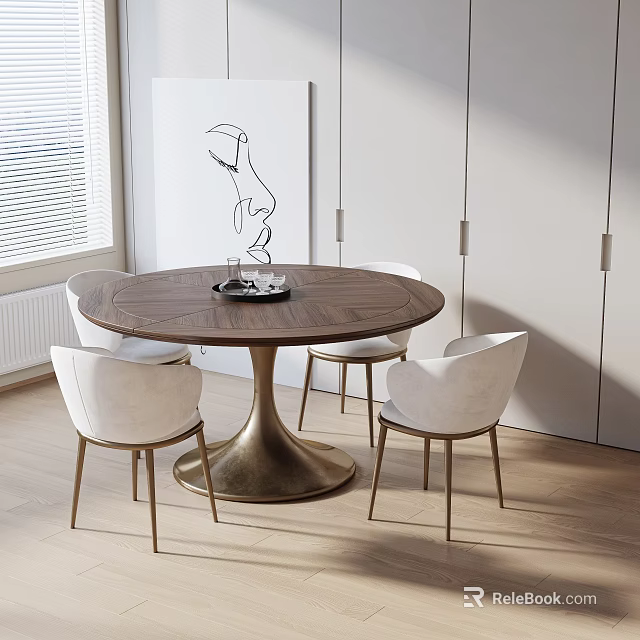 Round Dining Table Set with Wooden Top Brass Base and White Chairs in Minimalist Interior 3d model 