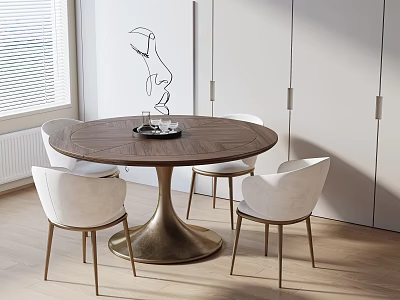 Round Dining Table Set with Wooden Top Brass Base and White Chairs in Minimalist Interior 3d model