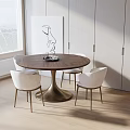Round Dining Table Set with Wooden Top Brass Base and White Chairs in Minimalist Interior
