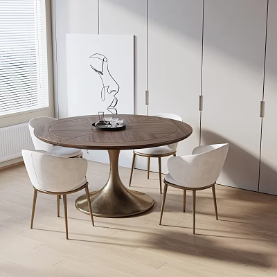 Round Dining Table Set with Wooden Top Brass Base and White Chairs in Minimalist Interior 3d model