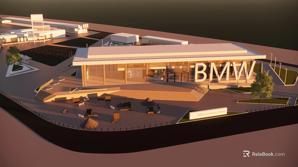 Modern BMW Building Exterior With Glass Facade And Outdoor Seating Area 3d model 