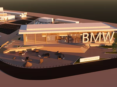 Modern BMW Building Exterior With Glass Facade And Outdoor Seating Area 3d model