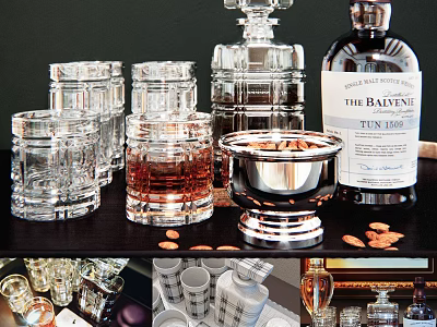 Premium Whiskey Bottles and Glasses with Silver Ice Bucket and Almonds on Dark Table 3d model