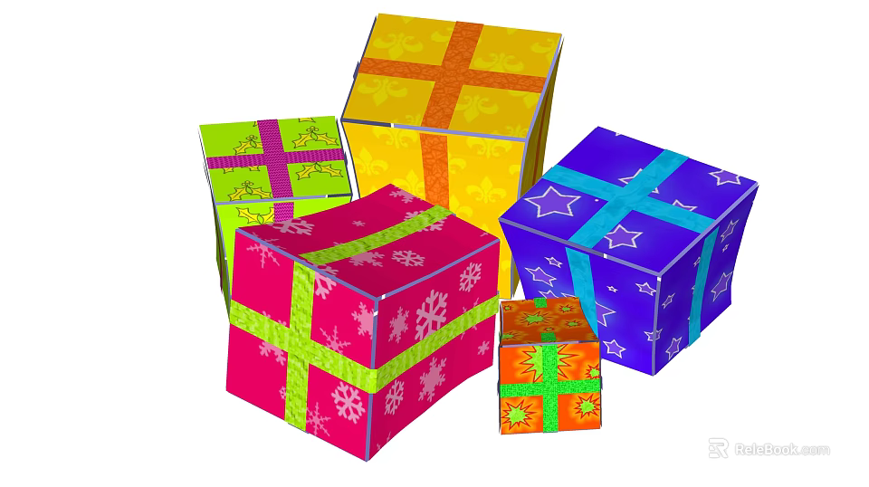 Colorful Decorative Ornament Set With Various Sizes Patterned Gift Boxes And Ribbons 3d model 