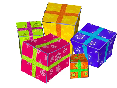 Colorful Decorative Ornament Set With Various Sizes Patterned Gift Boxes And Ribbons 3d model