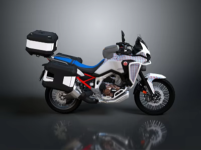 White Adventure Motorcycle With Blue Accents Red Frame Side Cases Rear Box And Spoked Wheels 3d model