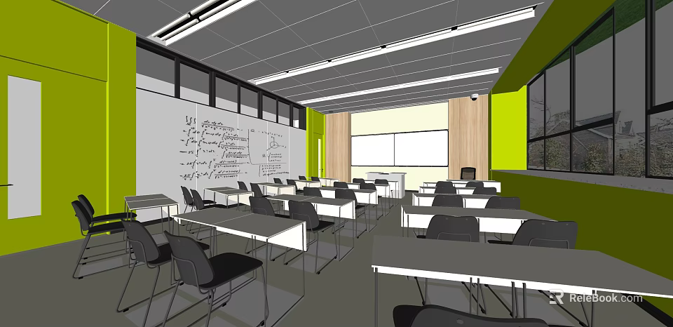 Modern Conference Room Interior With Whiteboard Green Walls Tables Chairs And Bright Lighting 3d model 