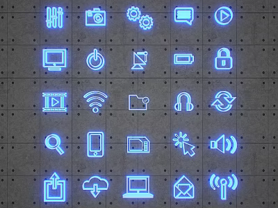 Neon Blue Digital Icons Collection With Technology Symbols And Interface Elements 3d model