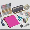 Essential Daily Stationery Supplies With Colored Pens Scissors Glue Tape And Paper Clips
