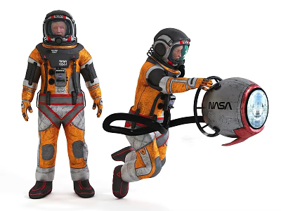Two Men In Orange NASA Spacesuits Handling Spherical Device With Logo 3d model