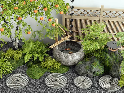 Stone Water Fountain With Bamboo Fence Orange Tree Fern Plants And Round Stone Slabs 3d model