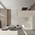 Modern Minimalist Loft Living Room Interior With Sofa And Staircase