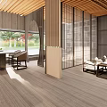 Traditional Chinese Tea House Interior With Wooden Shelves Tea Table And Decorative Plants