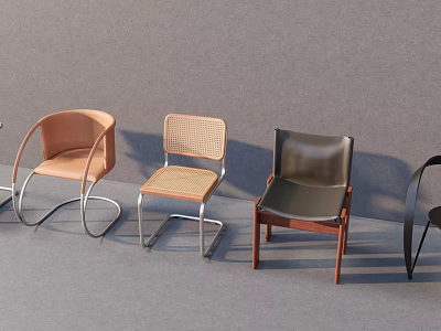 Stylish Single Chairs With Leather Seat Rattan Back Wooden Frame And Metal Legs 3d model
