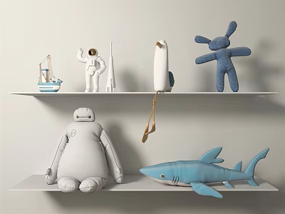Cute Stuffed Plush Toys With Astronaut Penguin Rabbit Robot And Shark On White Shelves 3d model