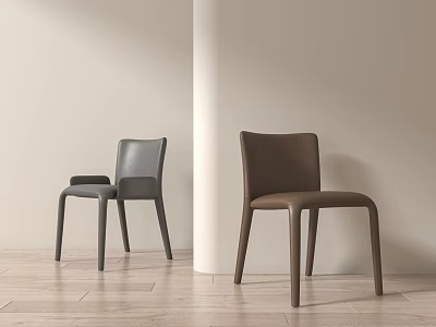 Modern Minimalist Leather Dining Chairs in Gray and Brown with Light Wall and Wooden Floor 3d model