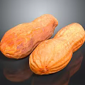 Two Fresh Orange Sweet Potatoes With Smooth Skin On Black Reflective Background