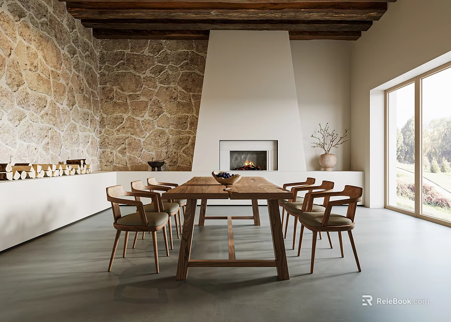 Rustic Restaurant Interior With Stone Wall Wooden Beam Ceiling Fireplace Long Table Chairs Large Windows 3d model 