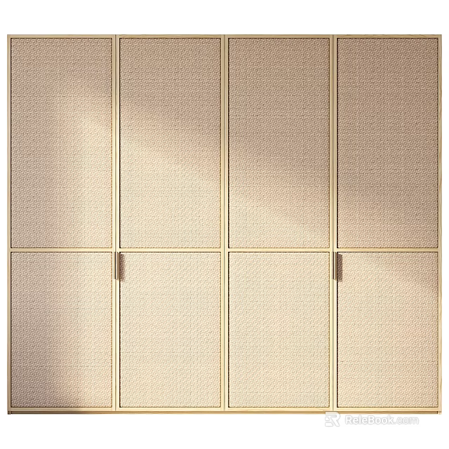 Modern Beige Wardrobe Interior Design With Rattan Texture And Gold Handles 3d model 