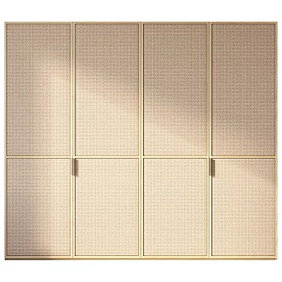 Modern Beige Wardrobe Interior Design With Rattan Texture And Gold Handles 3d model