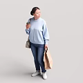 Woman Wearing Light Blue Sweater Holding Coffee Cup Brown Shopping Bag And Beige Bag