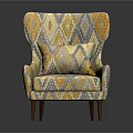 Modern Accent Chair With Geometric Pattern Pillow In Orange Yellow Gray And Wooden Legs