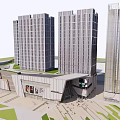 Modern Commercial Complex With Glass Facade Luxury Stores Outdoor Plaza And Green Lawns