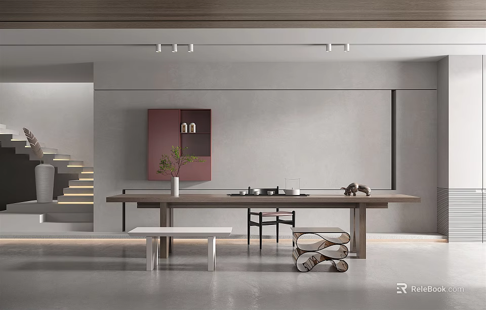 Modern Tea Room Interior Design With Long Wooden Table Chairs And Decorative Vase 3d model 