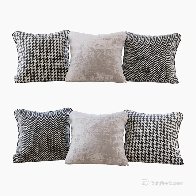 Stylish Throw Pillows with Houndstooth Herringbone and Velvet Texture in Black White Gray Tones 3d model 