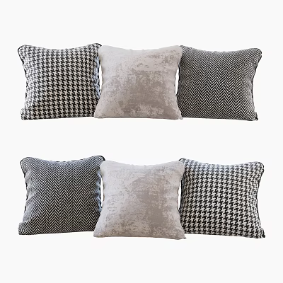Stylish Throw Pillows with Houndstooth Herringbone and Velvet Texture in Black White Gray Tones 3d model