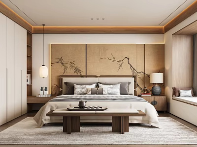 Elegant Bedroom Interior With Bamboo Pattern Headboard Wall And Pendant Lamp 3d model