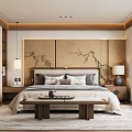 Elegant Bedroom Interior With Bamboo Pattern Headboard Wall And Pendant Lamp 3d model