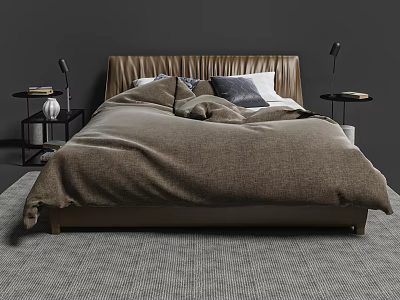 Modern Minimalist Double Bed With Brown Headboard Cozy Duvet Pillows And Nightstands 3d model