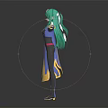 3D Model Fantasy Character With Green Long Hair Blue And Yellow Robe Arms Outstretched