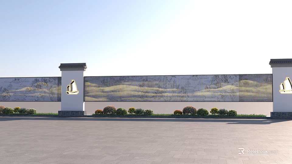 Modern Feature Wall Design With Textured Panel Surface And Surrounding Low Green Plants 3d model