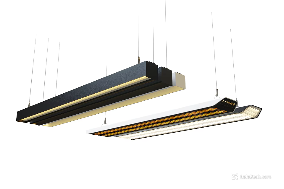 Modern Long Rectangular Pendant Lights With Black Frame And Yellow Striped Design For Interior 3d model 
