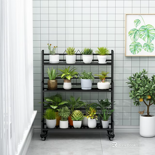 Elegant Garden Decor With Black Multi Tiered Plant Shelf Potted Plants And Green Plant Painting 3d model 
