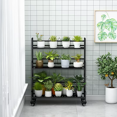 Elegant Garden Decor With Black Multi Tiered Plant Shelf Potted Plants And Green Plant Painting 3d model