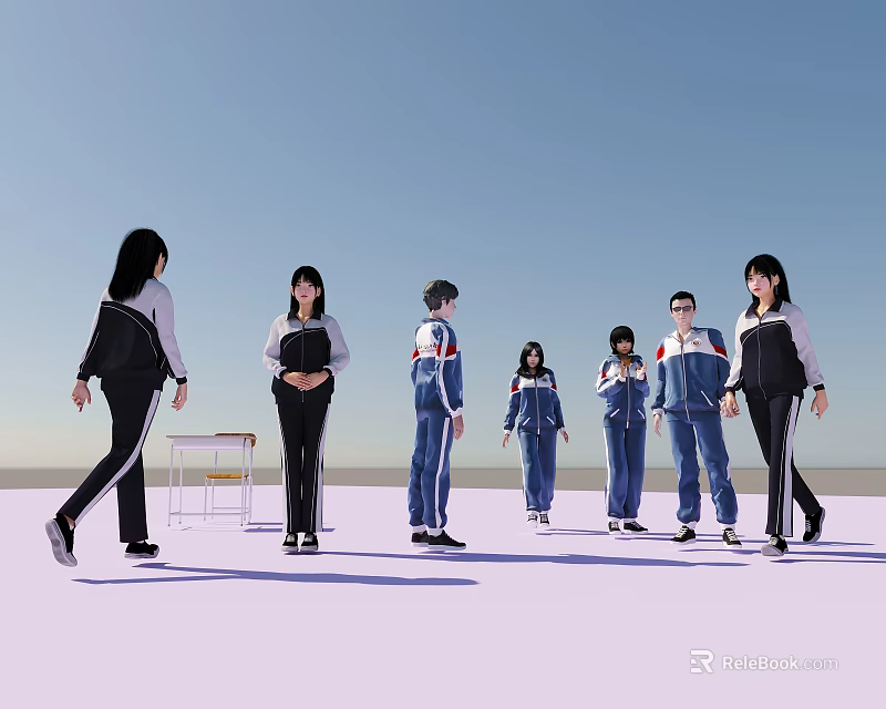 Students in School Uniforms Standing and Walking Outdoors With Blue Sky and Light Ground 3d model 