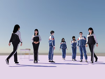 Students in School Uniforms Standing and Walking Outdoors With Blue Sky and Light Ground 3d model