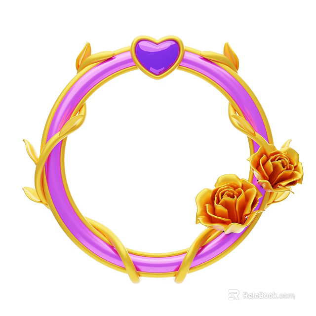 Decorative Ornament Set with Purple Ring Heart Decoration Golden Leaves and Yellow Roses 3d model 