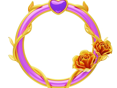 Decorative Ornament Set with Purple Ring Heart Decoration Golden Leaves and Yellow Roses 3d model