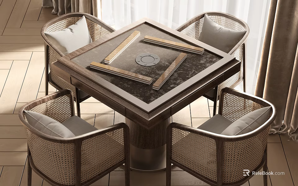 Rustic Wooden Entertainment Table With Wicker Chairs And Decorative Desktop For Leisure Game Activities 3d model 
