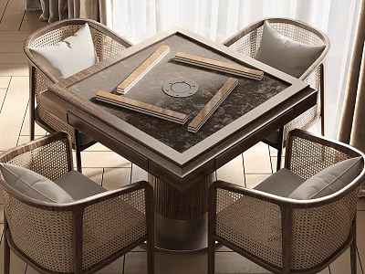 Rustic Wooden Entertainment Table With Wicker Chairs And Decorative Desktop For Leisure Game Activities 3d model