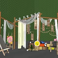 Wooden Frame Photo Check-in Spot With White Curtains Calligraphy Signs And Green Backdrop